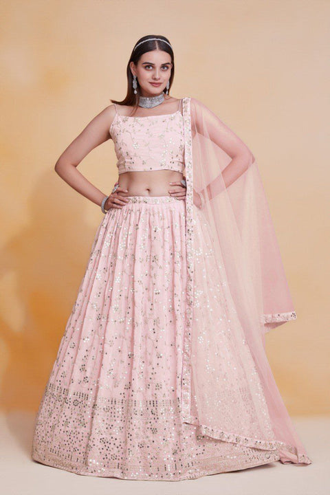 Baby Pink Georgette Zari & Sequin Embroidered Semi-Stitched Lehenga Choli with Soft Net Lace Border Dupatta ClothsVilla Main image