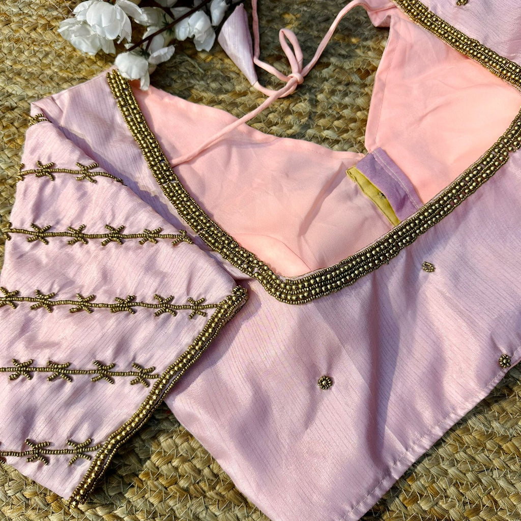 Baby Pink Golden Burberry Silk Blouse with Intricate Handwork ClothsVilla