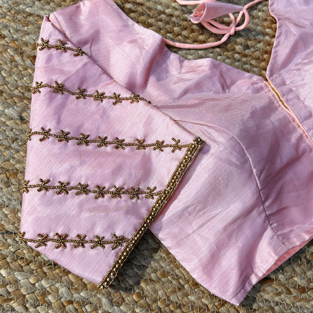 Baby Pink Golden Burberry Silk Blouse with Intricate Handwork ClothsVilla