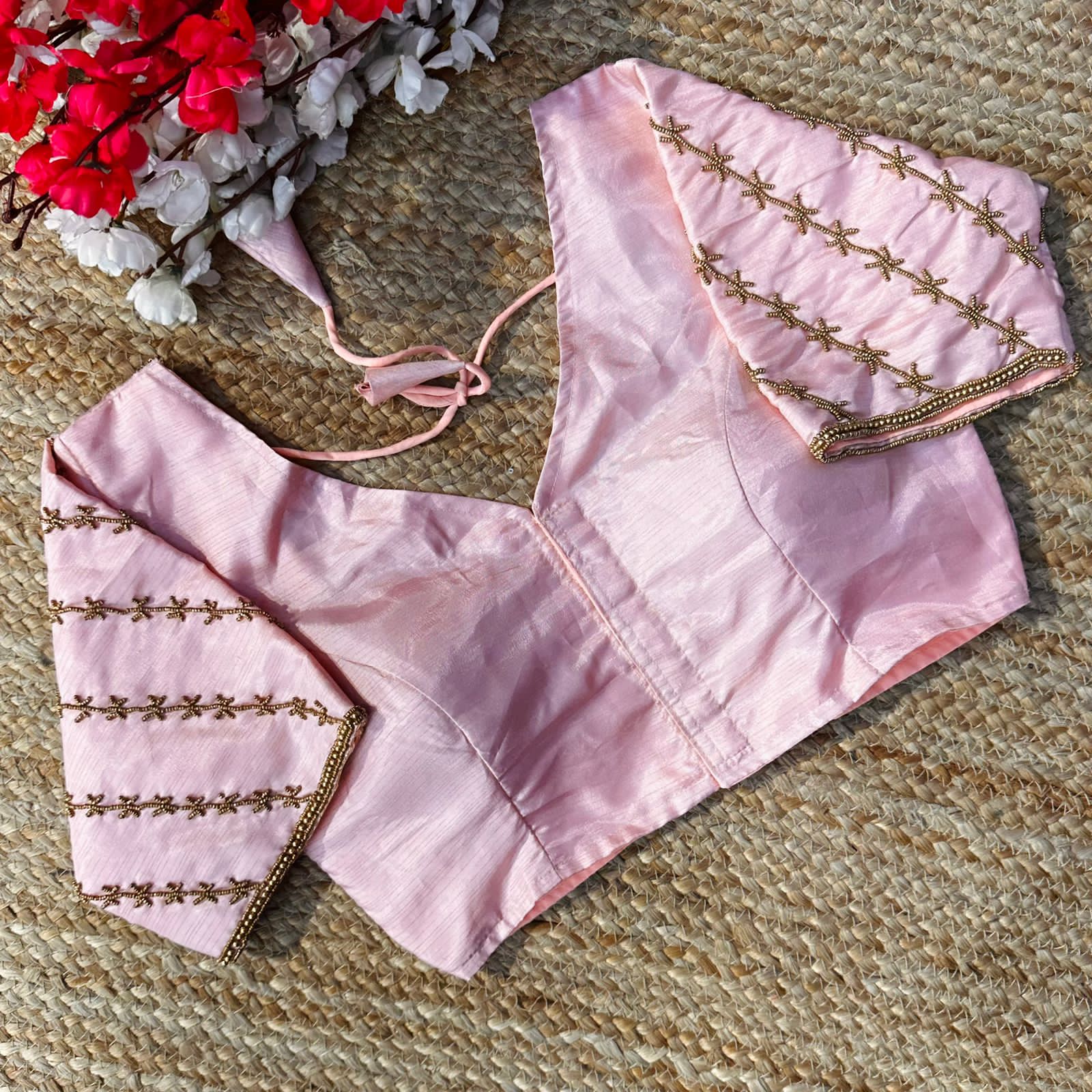 Baby Pink Golden Burberry Silk Blouse with Intricate Handwork ClothsVilla Main image