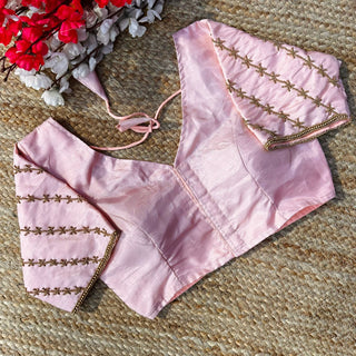 Baby Pink Golden Burberry Silk Blouse with Intricate Handwork ClothsVilla