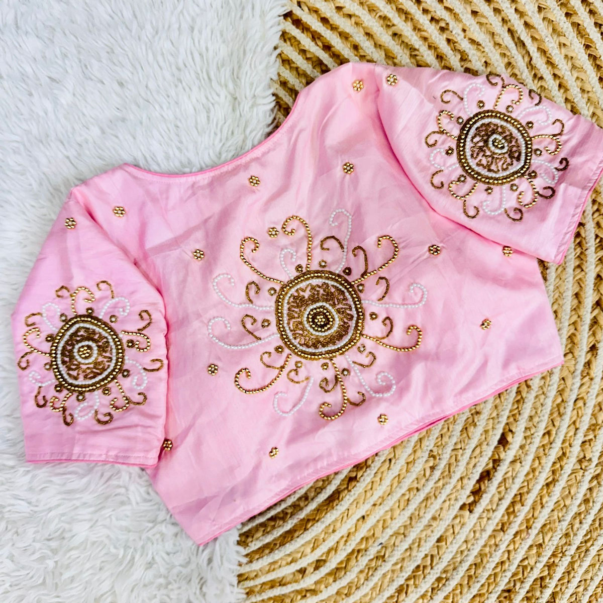 Baby Pink Golden Handcrafted Makhana Silk Blouse with White Pearl Accents ClothsVilla Main image