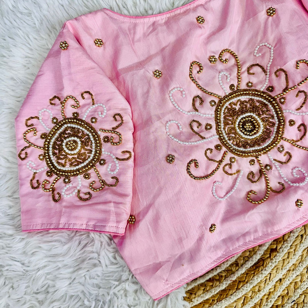 Baby Pink Golden Handcrafted Makhana Silk Blouse with White Pearl Accents