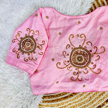 Load image into Gallery viewer, Baby Pink Golden Handcrafted Makhana Silk Blouse with White Pearl Accents