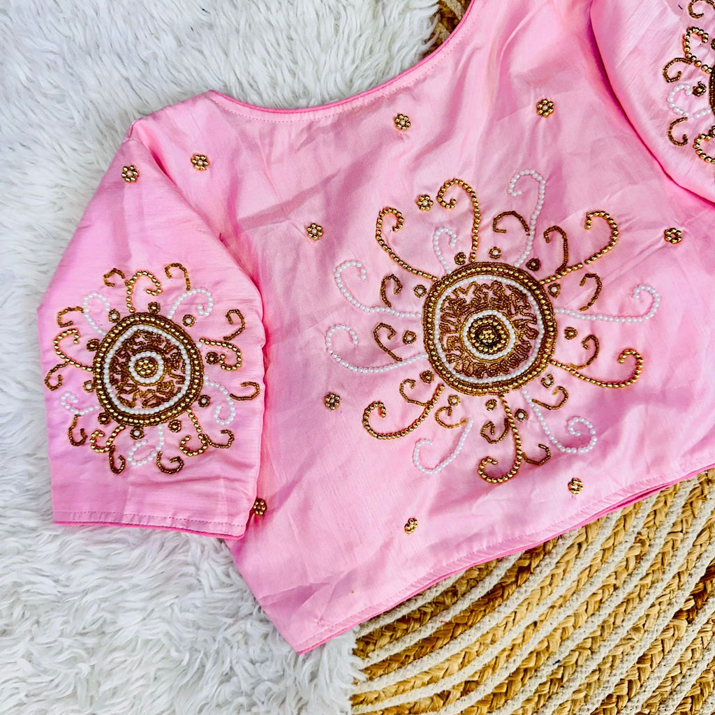 Baby Pink Golden Handcrafted Makhana Silk Blouse with White Pearl Accents ClothsVilla