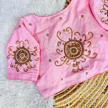 Load image into Gallery viewer, Baby Pink Golden Handcrafted Makhana Silk Blouse with White Pearl Accents ClothsVilla