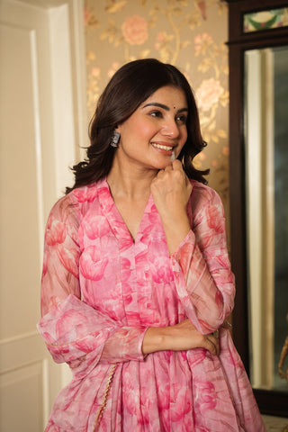 Baby Pink Graceful Printed Three-Piece Anarkali Suit ClothsVilla