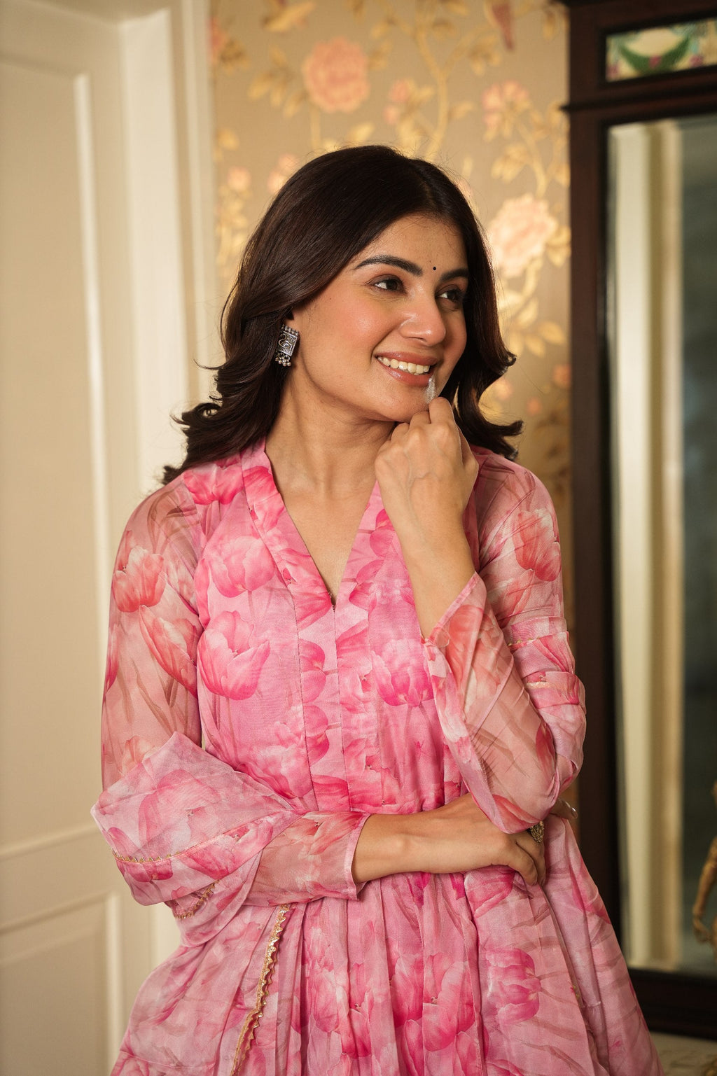 Baby Pink Graceful Printed Three-Piece Anarkali Suit ClothsVilla
