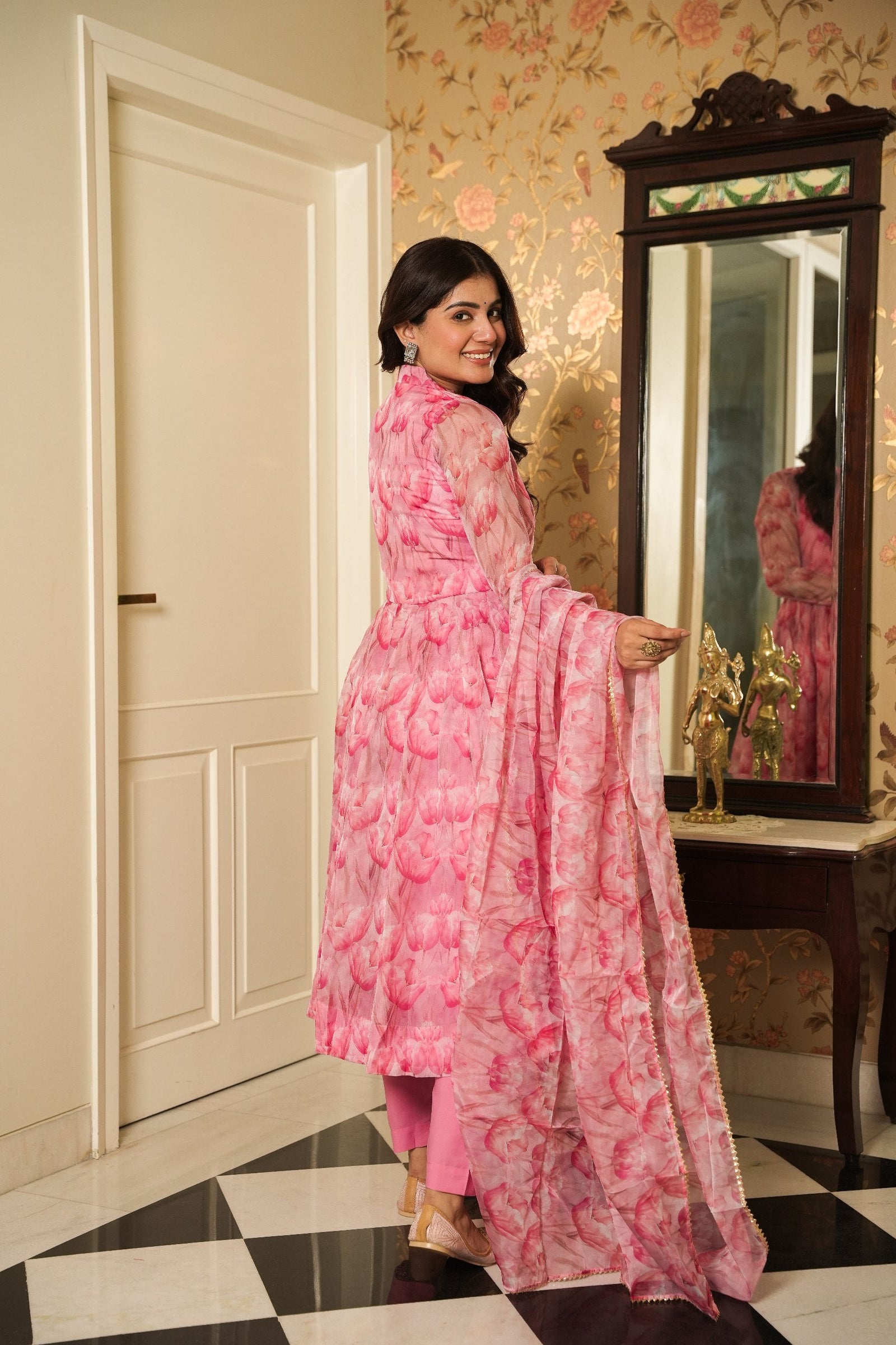 Baby Pink Graceful Printed Three-Piece Anarkali Suit ClothsVilla