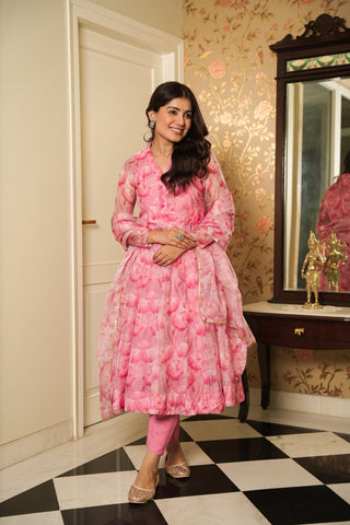 Baby Pink Graceful Printed Three-Piece Anarkali Suit ClothsVilla