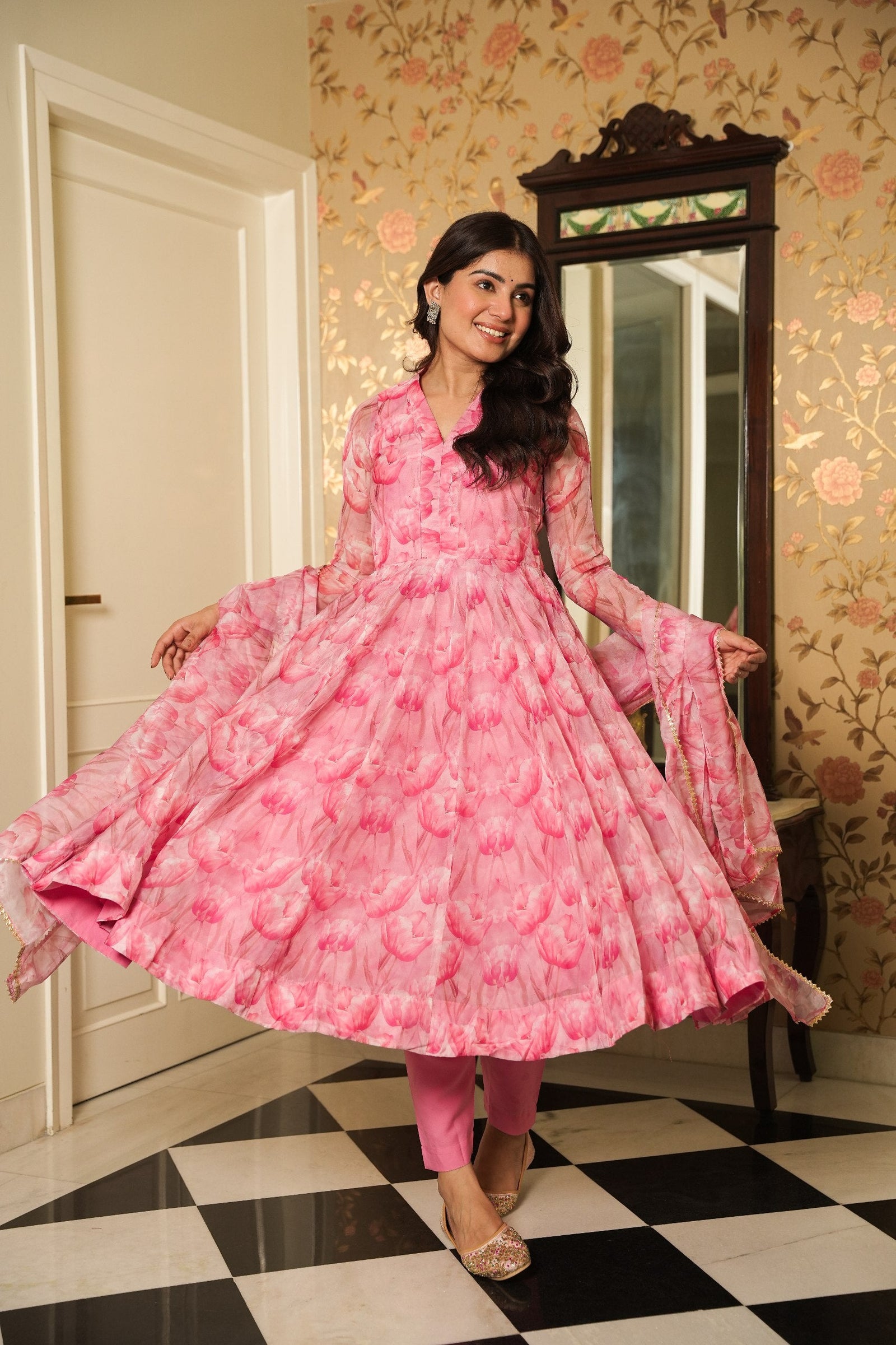 Baby Pink Graceful Printed Three-Piece Anarkali Suit ClothsVilla