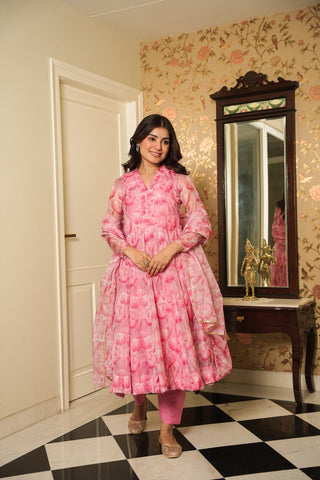 Baby Pink Graceful Printed Three-Piece Anarkali Suit ClothsVilla