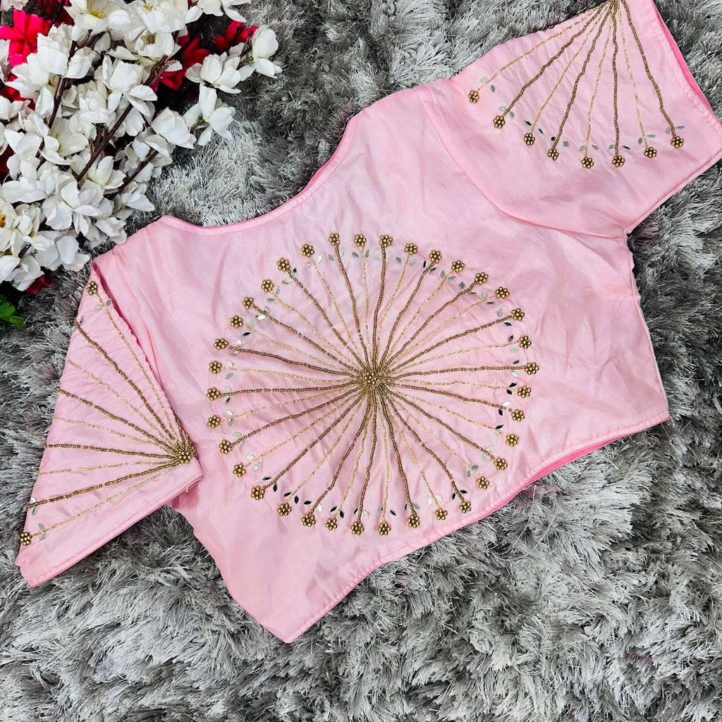 Baby Pink Handcrafted tumtum silk Golden Blouse with Ambla Mirror Accents ClothsVilla