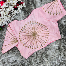 Load image into Gallery viewer, Baby Pink Handcrafted tumtum silk Golden Blouse with Ambla Mirror Accents ClothsVilla