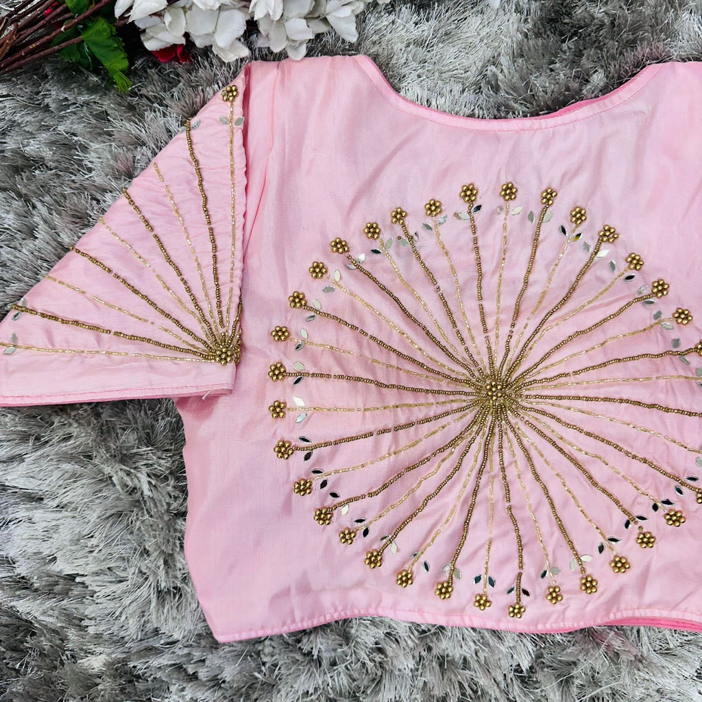 Baby Pink Handcrafted tumtum silk Golden Blouse with Ambla Mirror Accents ClothsVilla