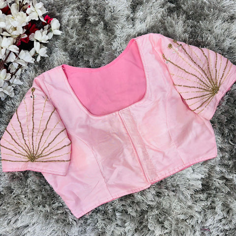 Baby Pink Handcrafted tumtum silk Golden Blouse with Ambla Mirror Accents ClothsVilla Main image