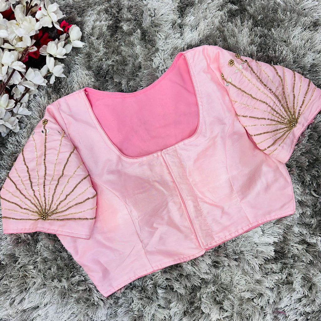 Baby Pink Handcrafted tumtum silk Golden Blouse with Ambla Mirror Accents ClothsVilla