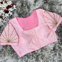 Load image into Gallery viewer, Baby Pink Handcrafted tumtum silk Golden Blouse with Ambla Mirror Accents ClothsVilla