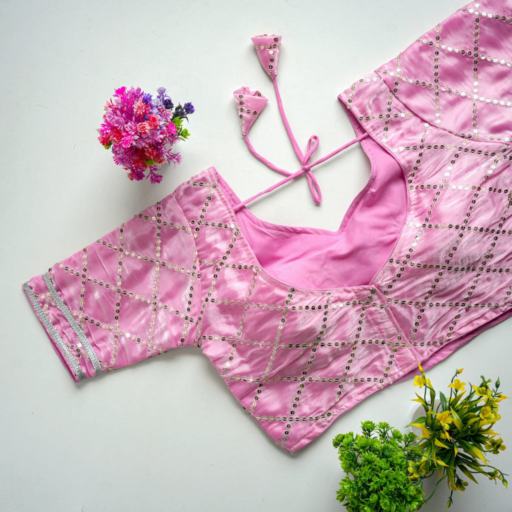 Baby Pink Metalic Jimmy Choo Blouse with Exquisite Sequence Embroidery ClothsVilla