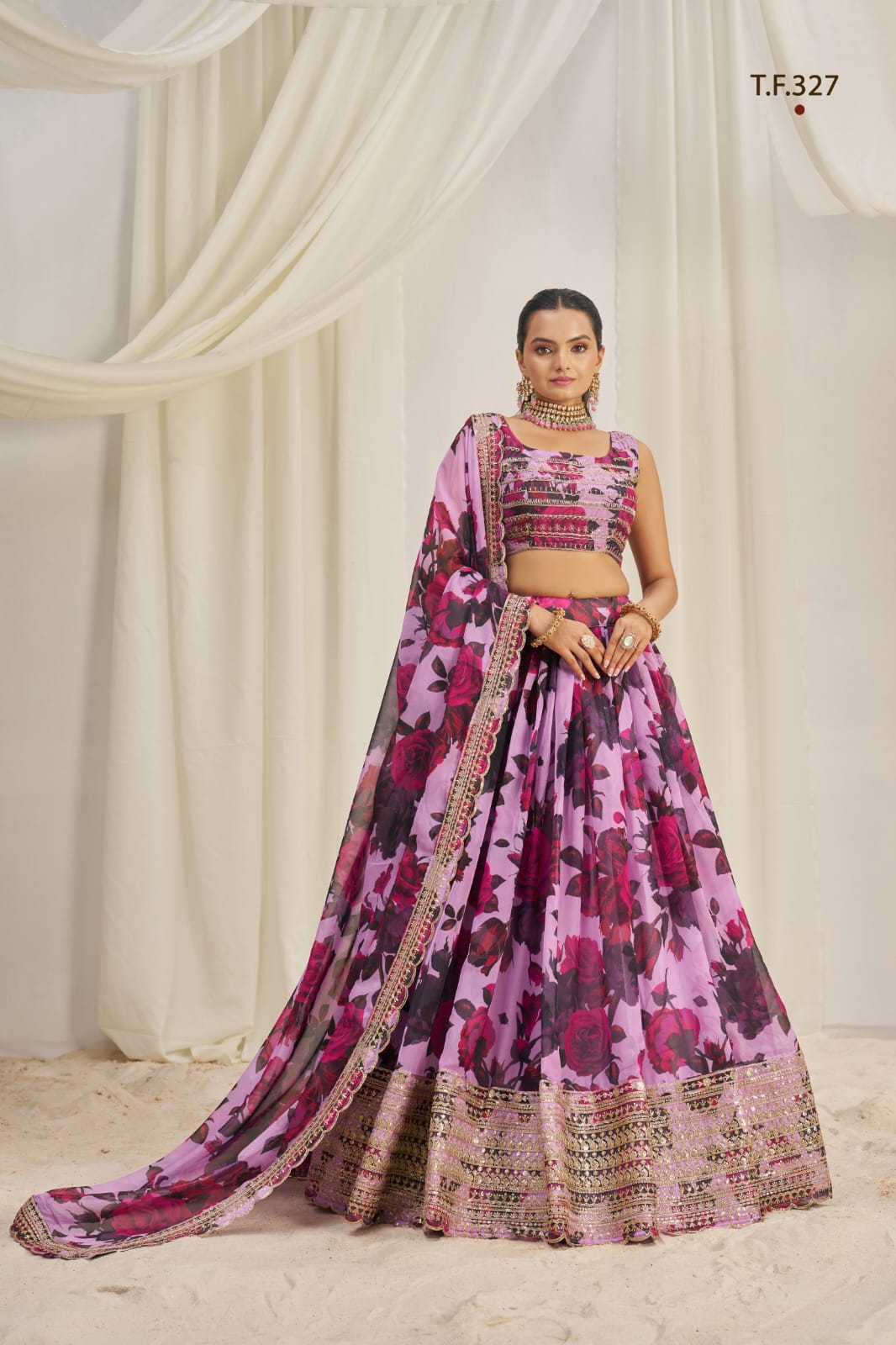 Baby Pink Printed Organza Semi-Stitch Lehenga Choli with Zari, Dori, and Sequins Work ClothsVilla Main image