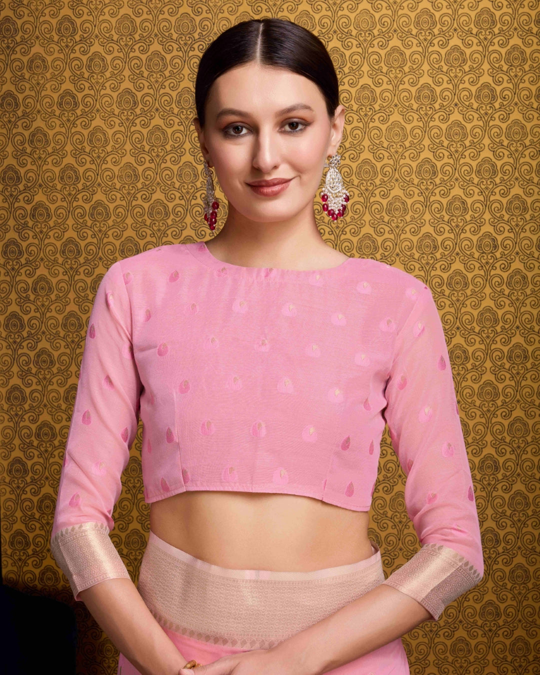 Baby Pink Radiant Floral Printed Saree with Zari Border ClothsVilla
