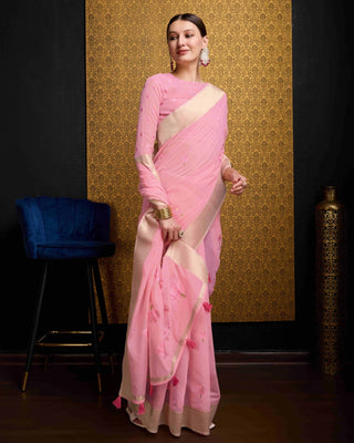 Baby Pink Radiant Floral Printed Saree with Zari Border ClothsVilla