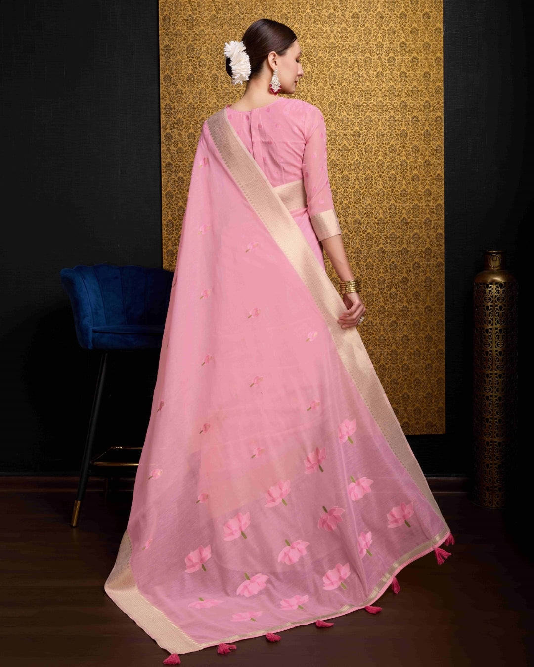 Baby Pink Radiant Floral Printed Saree with Zari Border ClothsVilla