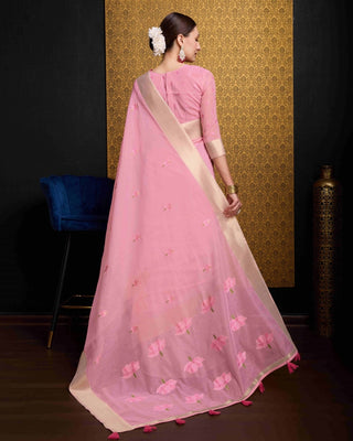 Baby Pink Radiant Floral Printed Saree with Zari Border ClothsVilla