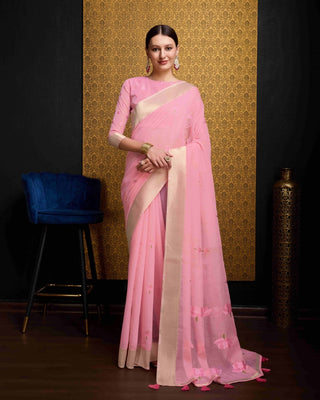 Baby Pink Radiant Floral Printed Saree with Zari Border ClothsVilla