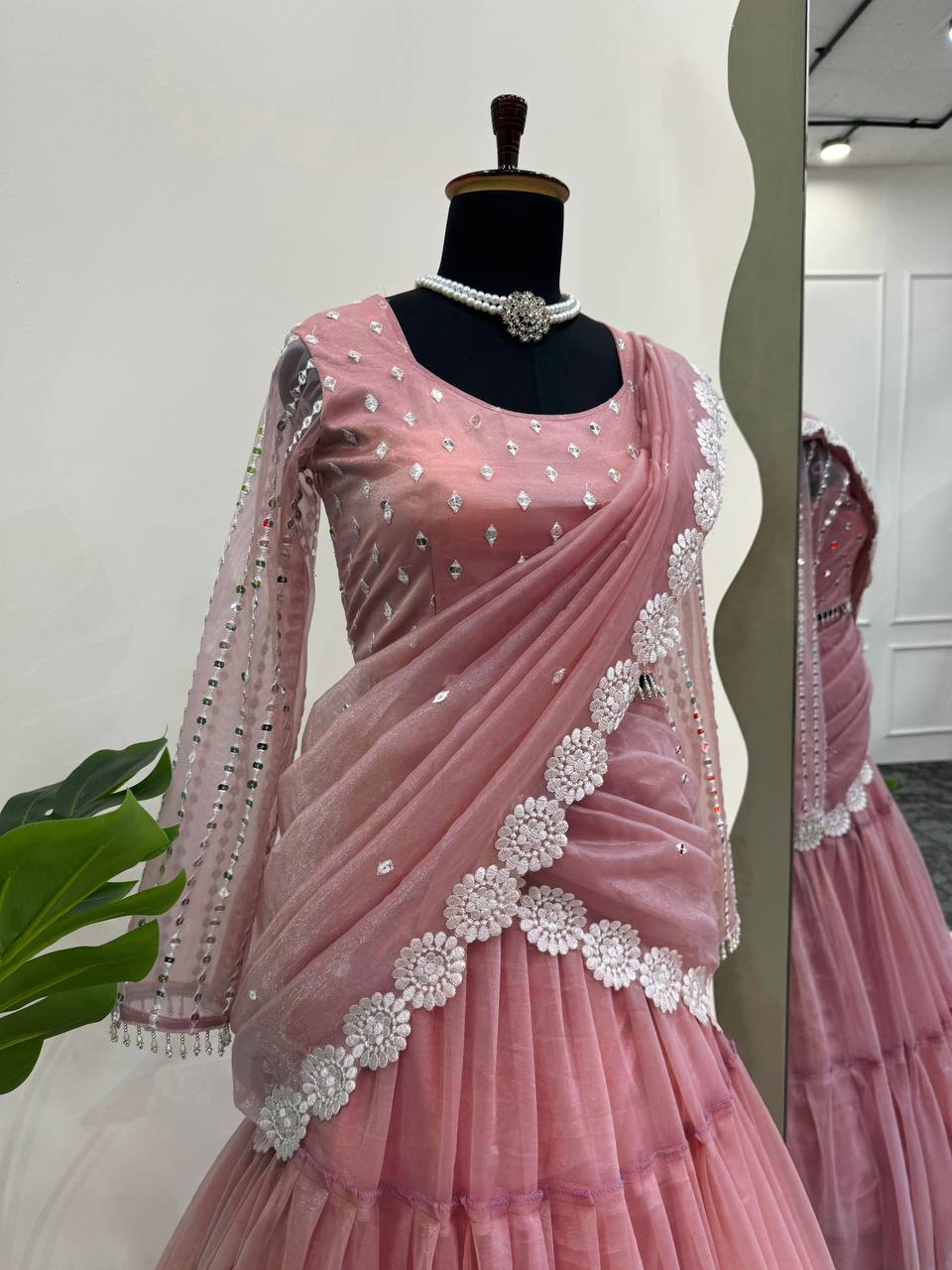 Baby Pink Ready-to-Wear Twill Organza Lehenga Saree ClothsVilla