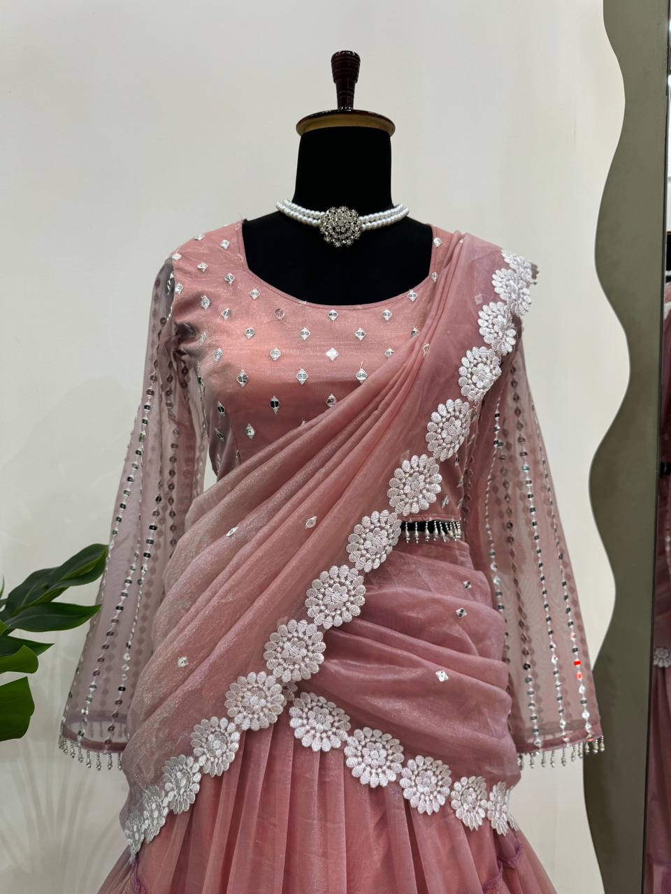 Baby Pink Ready-to-Wear Twill Organza Lehenga Saree ClothsVilla