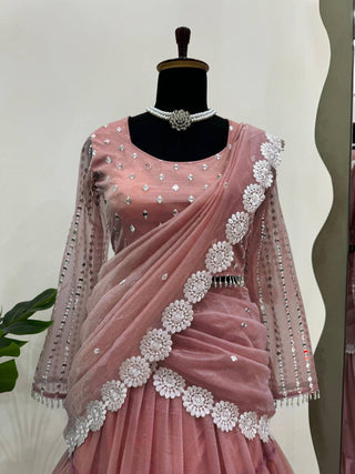 Baby Pink Ready-to-Wear Twill Organza Lehenga Saree ClothsVilla