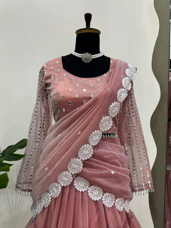 Baby Pink Ready-to-Wear Twill Organza Lehenga Saree ClothsVilla