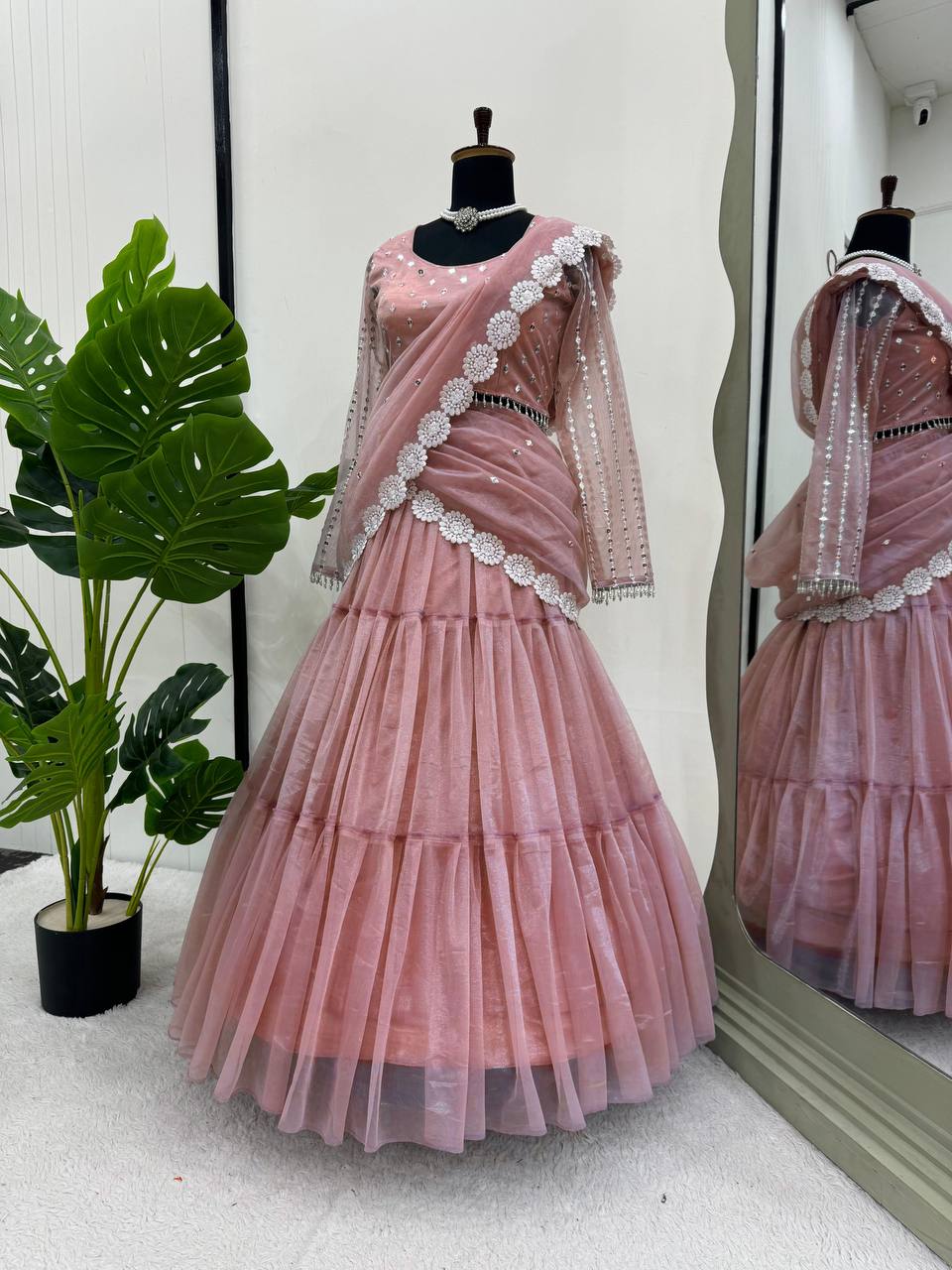 Baby Pink Ready-to-Wear Twill Organza Lehenga Saree ClothsVilla