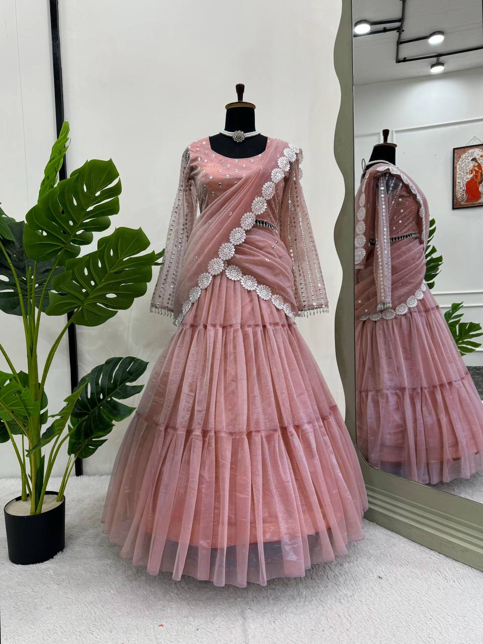 Baby Pink Ready-to-Wear Twill Organza Lehenga Saree ClothsVilla