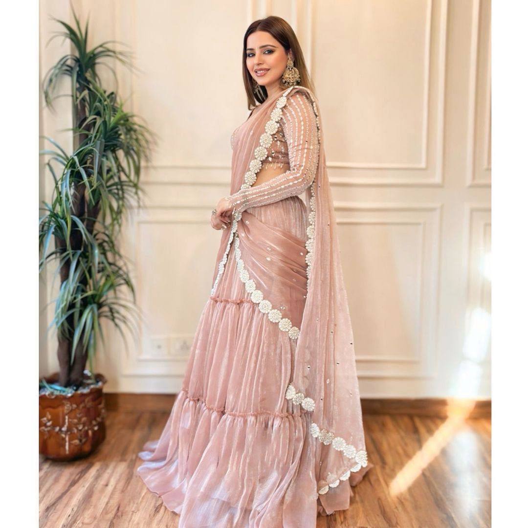 Baby Pink Ready-to-Wear Twill Organza Lehenga Saree ClothsVilla