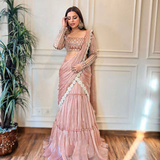 Baby Pink Ready-to-Wear Twill Organza Lehenga Saree ClothsVilla