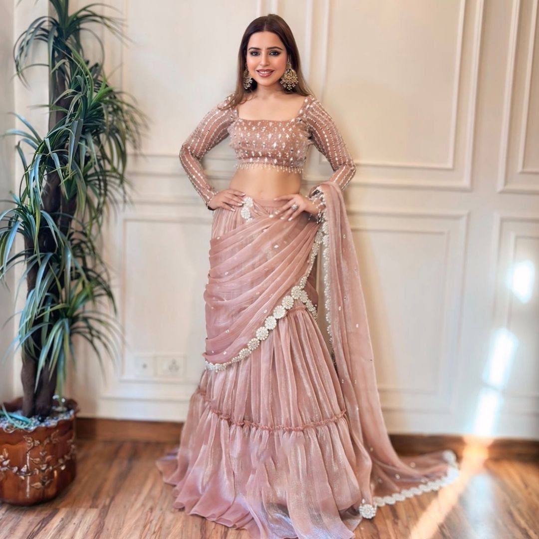 Baby Pink Ready-to-Wear Twill Organza Lehenga Saree ClothsVilla
