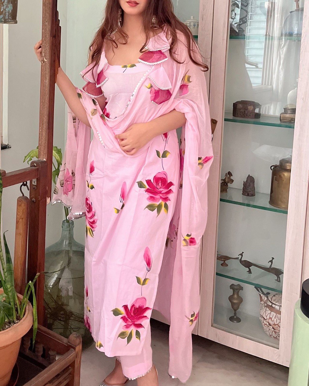 Baby Pink Ri8 Fashion Exclusive Floral Handpainted Straight Cut Suit Clothsvilla