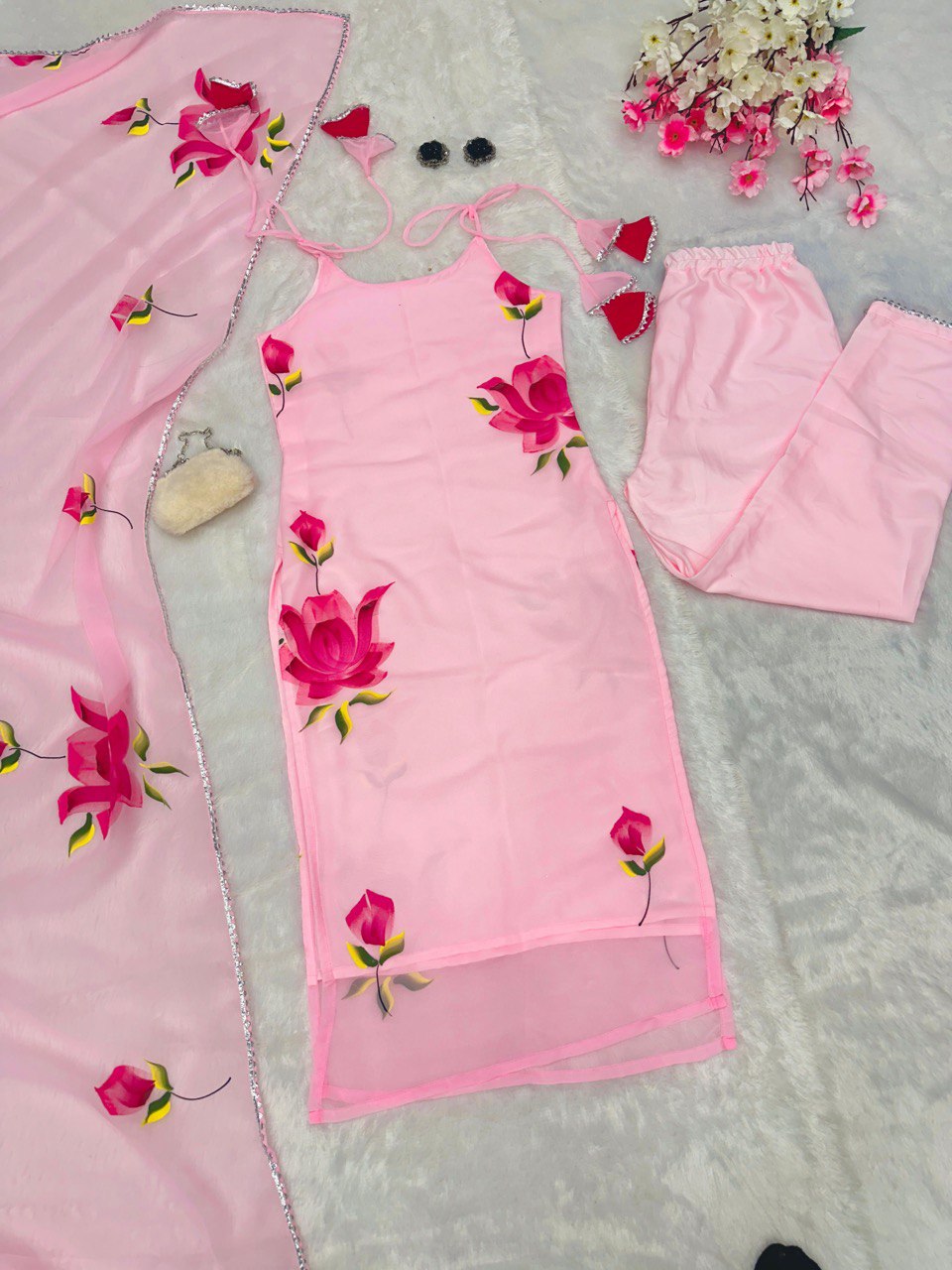Baby Pink Ri8 Fashion Exclusive Floral Handpainted Straight Cut Suit Clothsvilla