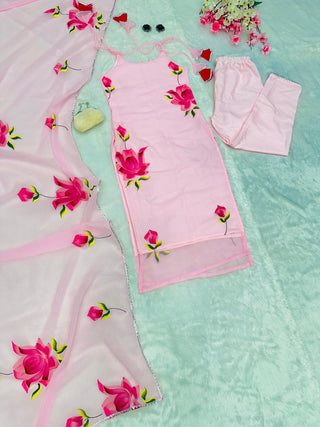 Baby Pink Ri8 Fashion Exclusive Floral Handpainted Straight Cut Suit Clothsvilla