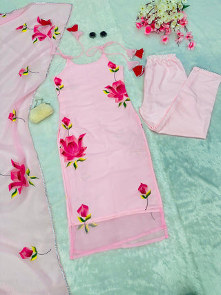 Baby Pink Ri8 Fashion Exclusive Floral Handpainted Straight Cut Suit Clothsvilla