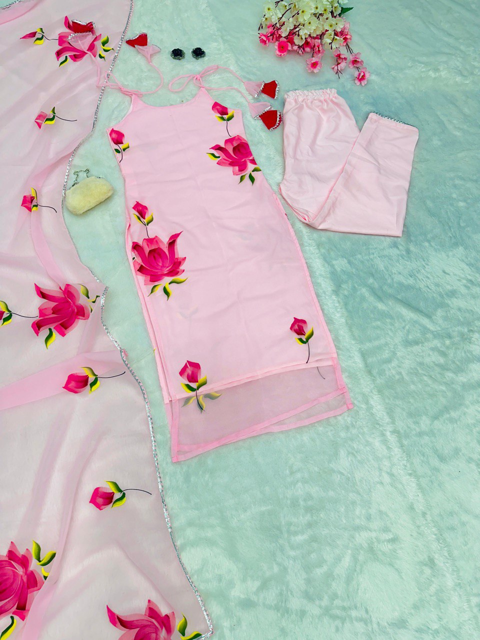 Baby Pink Ri8 Fashion Exclusive Floral Handpainted Straight Cut Suit Clothsvilla
