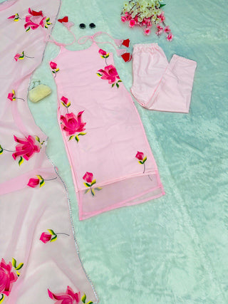 Baby Pink Ri8 Fashion Exclusive Floral Handpainted Straight Cut Suit Clothsvilla