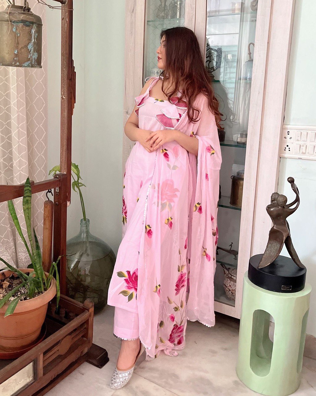 Baby Pink Ri8 Fashion Exclusive Floral Handpainted Straight Cut Suit Clothsvilla
