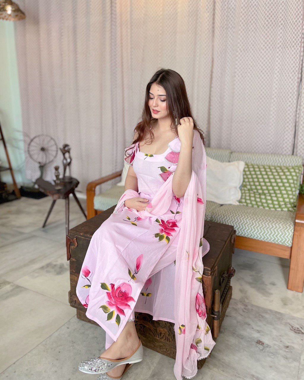 Baby Pink Ri8 Fashion Exclusive Floral Handpainted Straight Cut Suit Clothsvilla