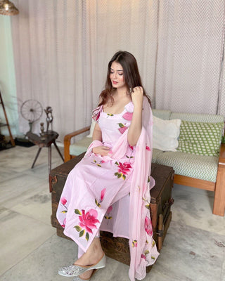 Baby Pink Ri8 Fashion Exclusive Floral Handpainted Straight Cut Suit Clothsvilla