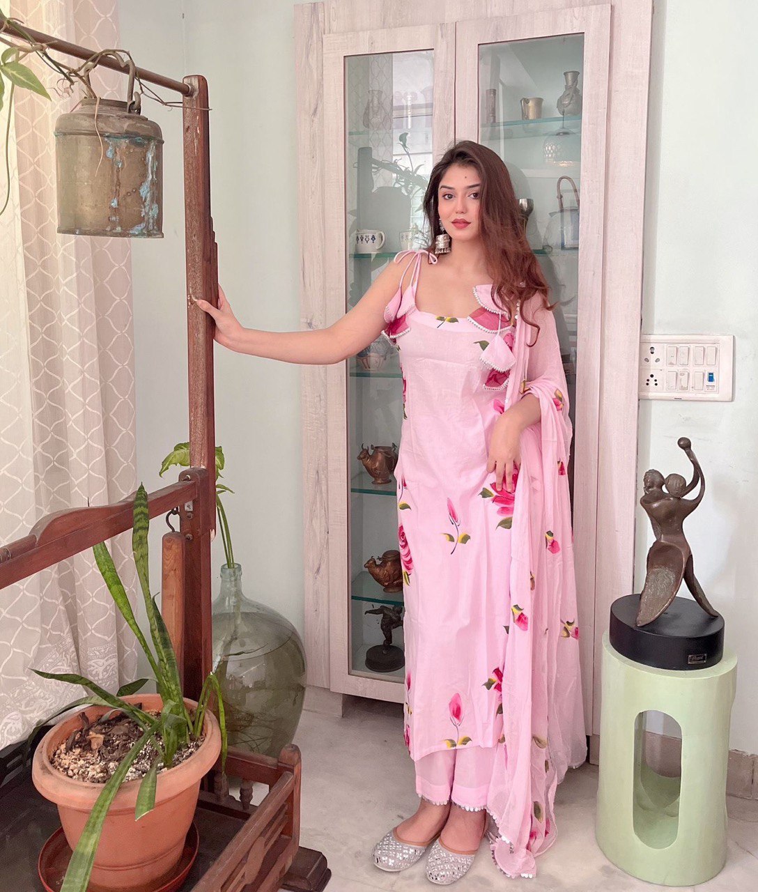 Baby Pink Ri8 Fashion Exclusive Floral Handpainted Straight Cut Suit Clothsvilla