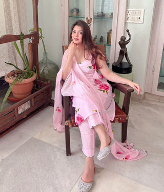 Baby Pink Ri8 Fashion Exclusive Floral Handpainted Straight Cut Suit Clothsvilla