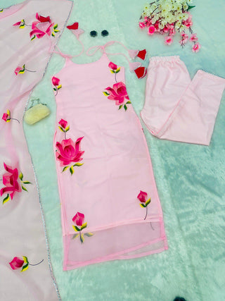 Baby Pink Ri8 Fashion Exclusive Floral Handpainted Straight Cut Suit Clothsvilla